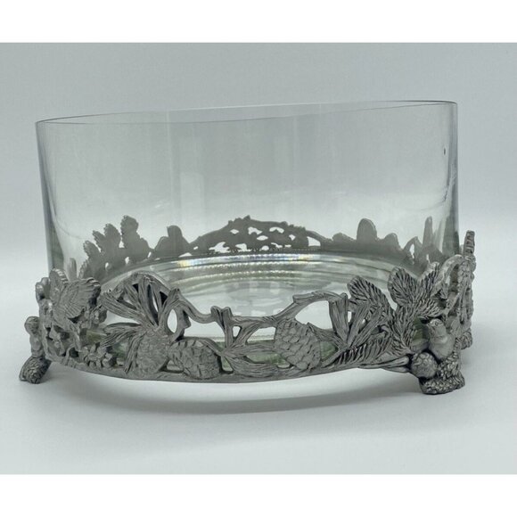 Birds & Pinecones Pewter Glass Large 9” Footed Bowl Centerpiece Votive Nature - Picture 2 of 12